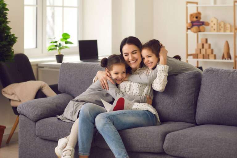 Happy,Loving,Mother,Hugs,Her,Daughters