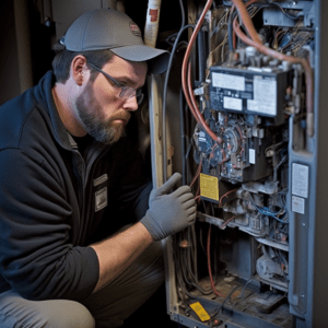 Technician replacing home furnace filter