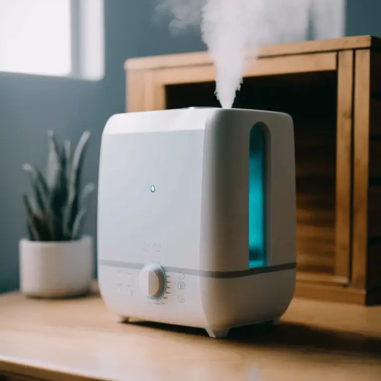 A whole-home humidifier in use in a living room, adding moisture to the air.