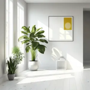 Healthy indoor plants purifying the air in a bright living room