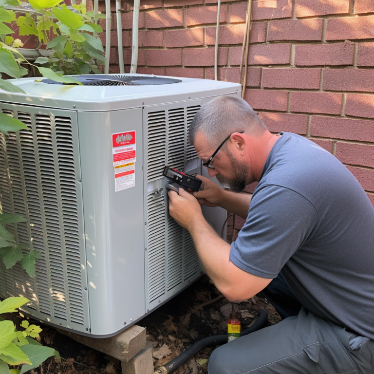HVAC technician repairing an air conditioning unit