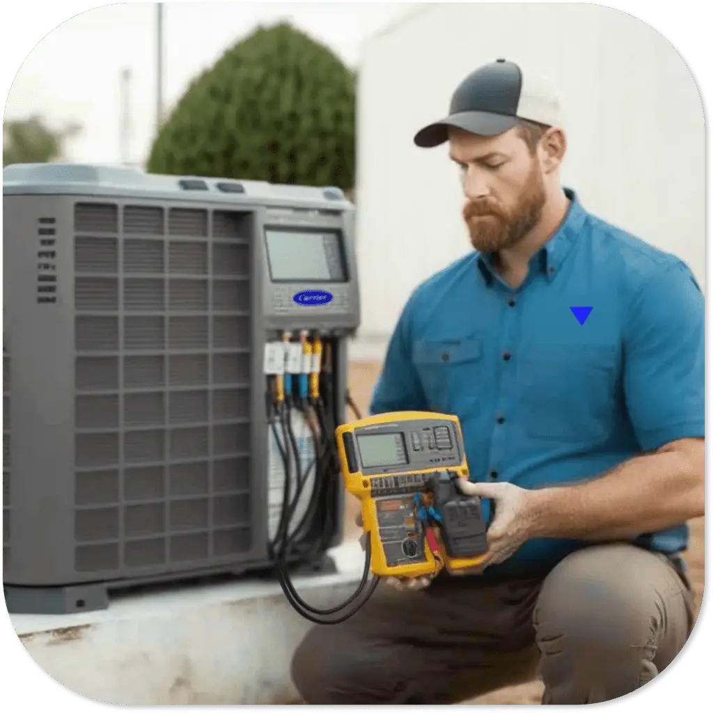Technician checking and adjusting refrigerant levels in an air conditioner Caption: Proper refrigerant levels are crucial for your air conditioner's performance and efficiency.