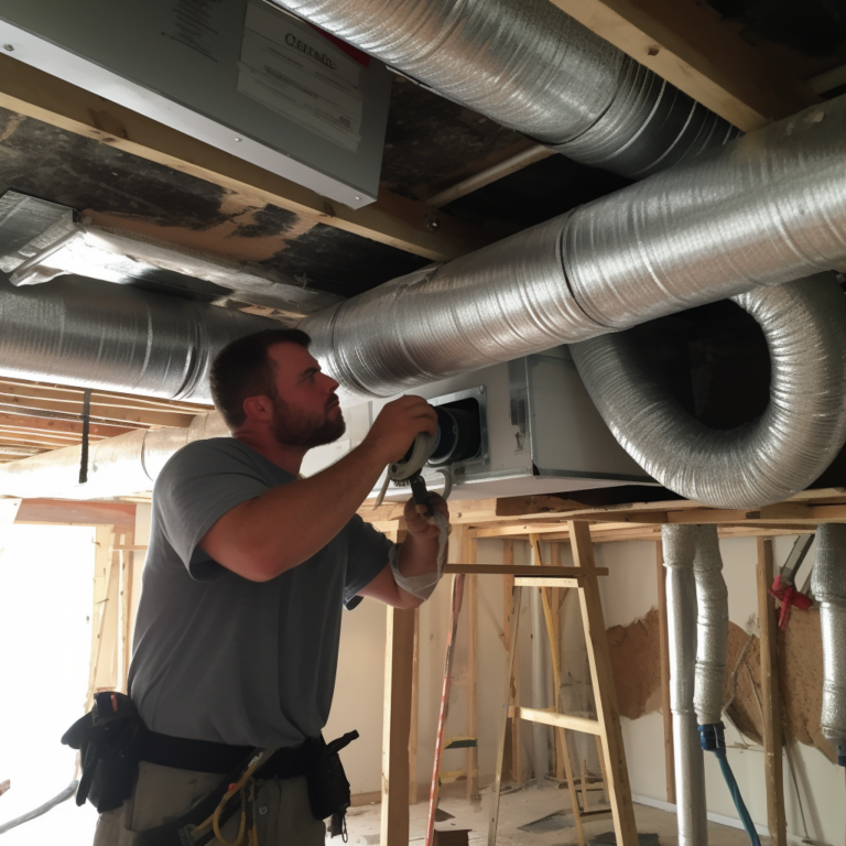 Professional technician installing HVAC ductwork