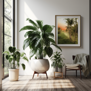A serene living room with plants and an air purifier, representing improved indoor air quality.