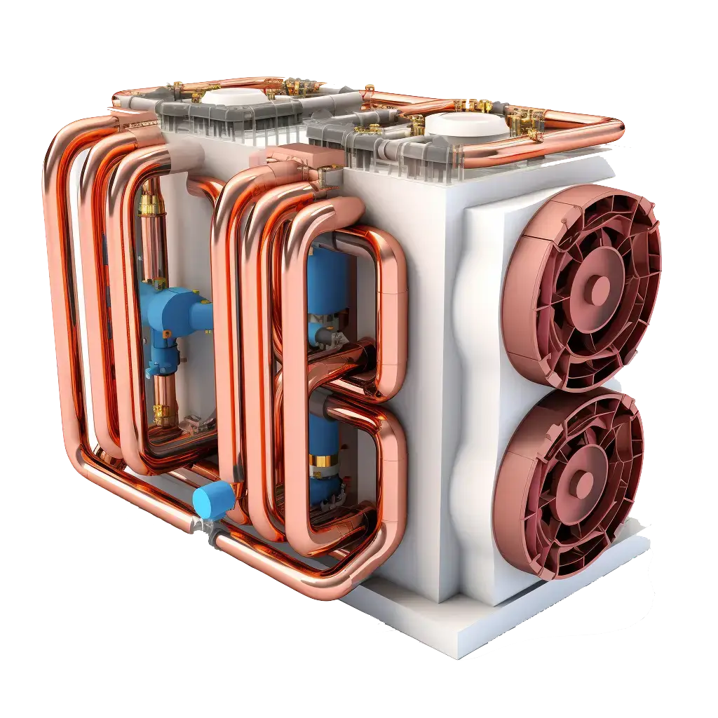 Ground-source heat pump system components, including underground pipes, displayed in a cutaway view of a residential lawn.