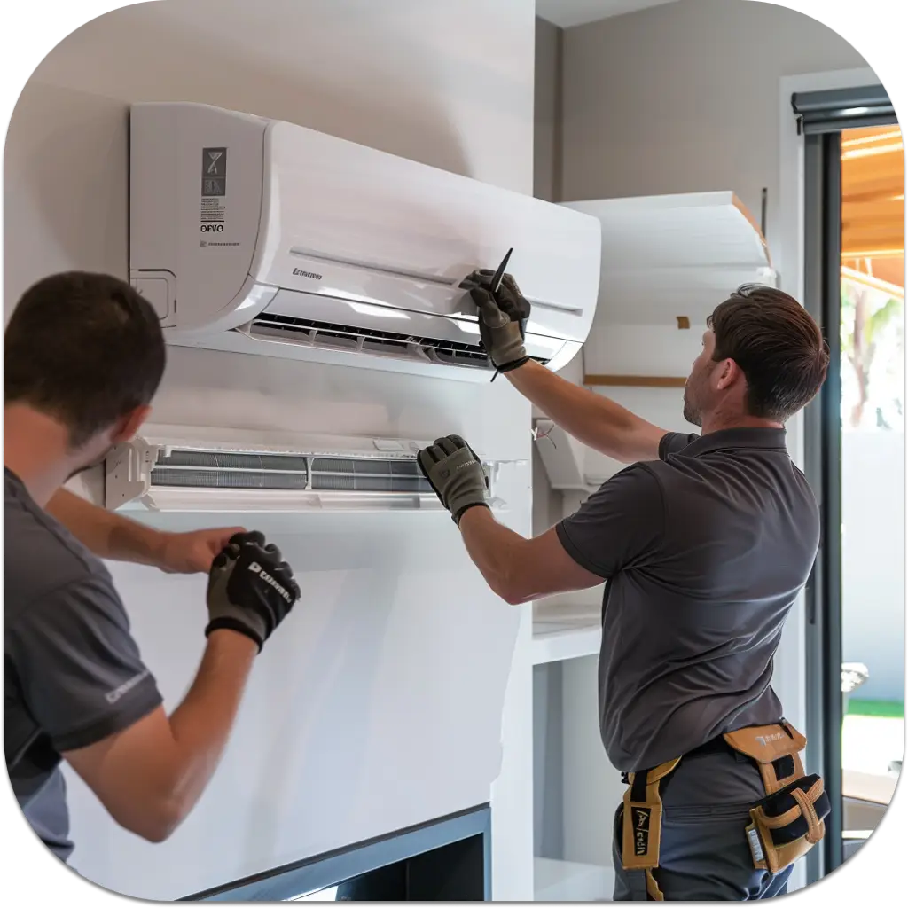 AirPoint technicians installing a Carrier Infinity® High Wall Indoor Unit 40MPHB ductless mini-split AC in a modern living room.