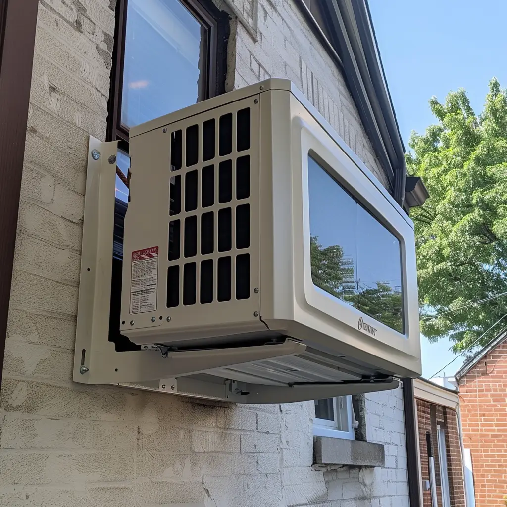 Technician installing support brackets for window air conditioner