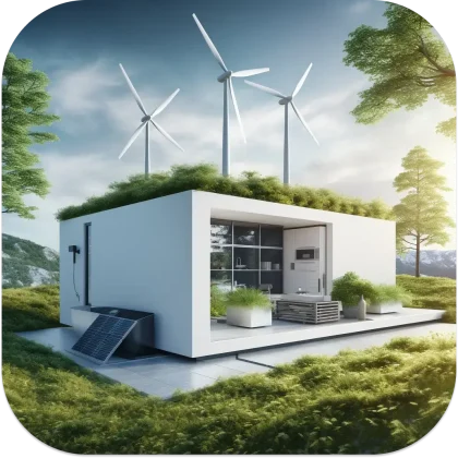 Heat pump system integrated with solar panels and wind turbines.