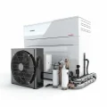 Hybrid heat pump system combining electric and gas power.