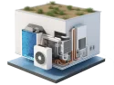 Water-source heat pump near a natural water body, illustrating its eco-friendly and efficient design.